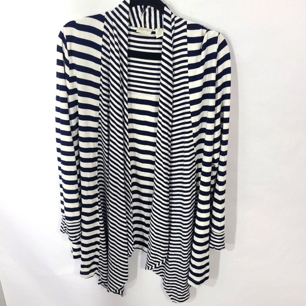 Zenergy Women's Size 2 Navy White Striped Long Sleeve Cardigan Sweater Duster